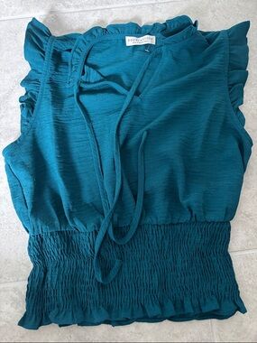 Paper Crane Teal Ruffle Tie-Neck Smocked Waist Blouse